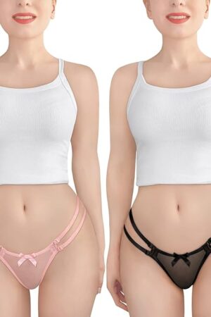 Women's Mesh Underwear Delilah Two Strap Style 2 Pack Bow-Back Luxury Lingerie Thong
