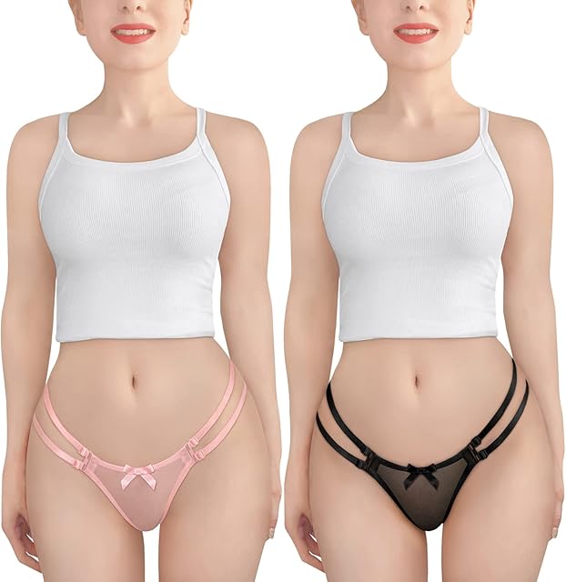 Women's Mesh Underwear Delilah Two Strap Style 2 Pack Bow-Back Luxury Lingerie Thong