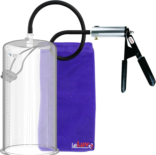 LeLuv Penis Pump Ultima - Silver & Black Rubber Grips with Premium Silicone Hose - 12" x 5.00" Untapered Round Flanged Cylinder