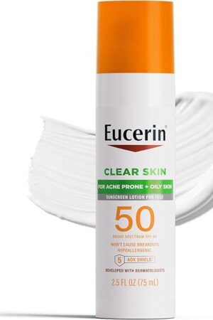 Eucerin Sun Clear Skin Face Sunscreen Lotion SPF 50 for Acne Prone Skin, Hypoallergenic, Fragrance Free Sunscreen SPF 50 with Oil-Absorbing Minerals, 25 Fl Oz Bottle