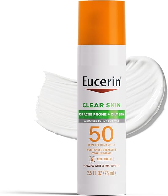 Eucerin Sun Clear Skin Face Sunscreen Lotion SPF 50 for Acne Prone Skin, Hypoallergenic, Fragrance Free Sunscreen SPF 50 with Oil-Absorbing Minerals, 25 Fl Oz Bottle