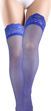 Blue Thigh High Stockings for Women Sexy Lace Top Stockings Stay Up with Silicone Thigh High Nylons Silk Sheer Tights Lingerie for Women