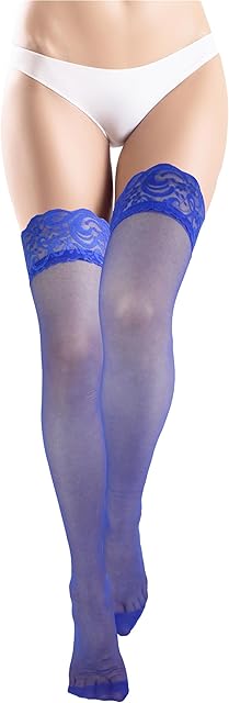 Blue Thigh High Stockings for Women Sexy Lace Top Stockings Stay Up with Silicone Thigh High Nylons Silk Sheer Tights Lingerie for Women