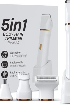 5-in-1 Bikini Trimmer for Women, IPX7 Waterproof Electric Razors Shaver, Cordless Body Hair Trimmer, Facial & Pubic Hair Removal, Ceramic Blade (White)