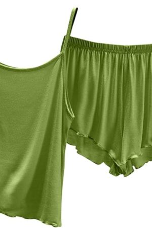 Womens frilly Pajama Sets Soft Lingerie Sleepwear 2 Piece Cami Shorts Set Sexy V Neck Pj Lace Nightwear for Summer