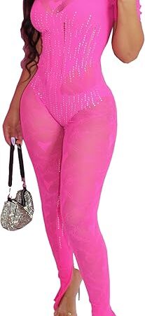 Women sexy half sleeves rhinestone pink Jumpsuits see through heart shaped pattern Body stockings club outfit