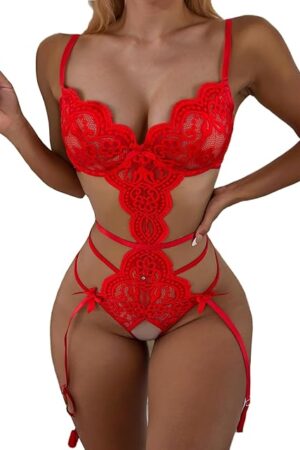 Women's Deep V Teddy Lingerie Lace Cut Out Babydoll Bodysuit