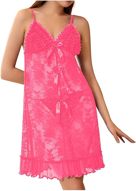 Women's Lingerie Lace Babydoll Chemise Sexy V Neck Cami Nightgown Ruffle Hem Sheer Erotic Naughty Nightwear