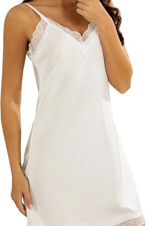Women Satin Nightgown Silk Nightdress V Neck Lingerie Sleepwear Adjustable Spaghetti Strap Short Negligee Chemise