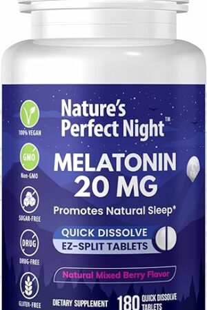 | Melatonin 20mg | 180 Quick Dissolve Tablets | Natural Mixed Berry Flavor |High Potency | Sugar Free | Vegan | Gluten Free | Value Size