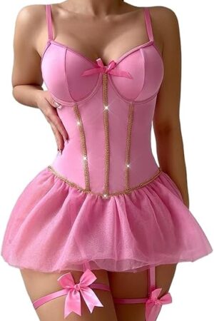 Women's Sexy pink Lingerie Bodysuit with Bowknots, Gold Chains & Fluffy Tulle Skirt