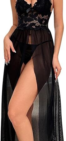 Womens Sexy Long Lace Lingerie Chemise Sheer See Through Babydoll Nightgown Spaghetti Strap Nightdress with Thongs
