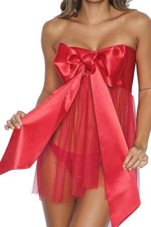 Womens Sexy Satin Babydoll Lingerie Unwrap Me Mesh Sleepwear Silky Bowtie Christmas Wrap Big Bow Underwear Tulle Valentines Nighty Lace Teddy Set Ladies Nightwear Red Festive Outfit