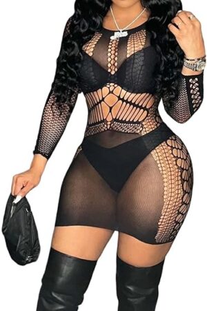 Women's Fishnet One Size Lace Babydoll Chemise Lingerie Black