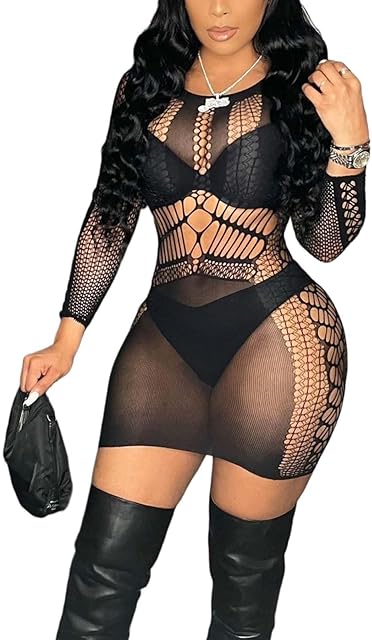 Women's Fishnet One Size Lace Babydoll Chemise Lingerie Black