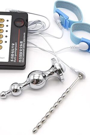 Gourd-Shaped Metal Electric Shock Anal Plug, Male Bead Urethral Penis Plug, 2 Elastic Restraint Cock Ring Electric Shock Set