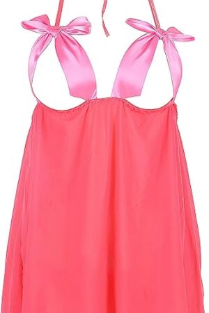 Women Sexy Babydoll Lace Lingerie Pink Open See Through Mesh Bows Chemise Valentines Day for Him Set XS-4X