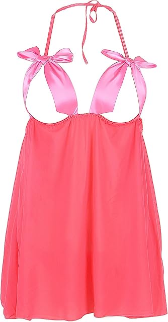 Women Sexy Babydoll Lace Lingerie Pink Open See Through Mesh Bows Chemise Valentines Day for Him Set XS-4X