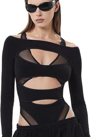 Women's Sexy Babydolls Lingerie Thong Underwear Bodysuit Long Sleeve Hollow Out Shapewear Fashion Jumpsuit
