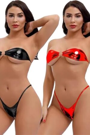 Black+Red	 Sexy 2-Piece Women Strapless Bra Bikini Set with Thong Bottoms Women's Micro Swimsuit for Beach or Pool PU Extreme Lingerie Bathing Suit