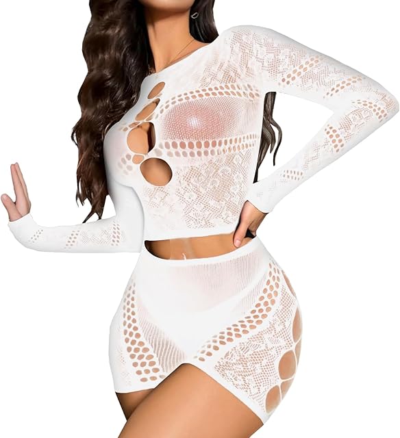 Fishnet Lingerie Sets for Women Sexy Club Rave Outfits Two Piece Mesh Bodysuit Bikini Cover Up Swimsuit Clubwear