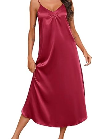 Women Long Satin Nightgown Silk Slip Dress Sexy V Neck Sleepwear Loose Sleeveless Nightshirt