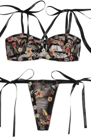 Women's Sexy Bra and Panty Lingerie Sets Floral Embroidery Sheer Mesh Cute G-String Underwire