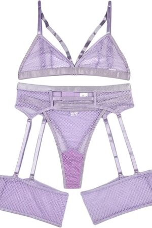 Women's 3 Piece Mesh Sheer Lingerie Fishnet Bra & Panty Sets with Garter Belts Sexy Three Pieces Babydoll Outfit