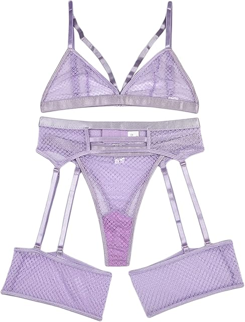 Women's 3 Piece Mesh Sheer Lingerie Fishnet Bra & Panty Sets with Garter Belts Sexy Three Pieces Babydoll Outfit