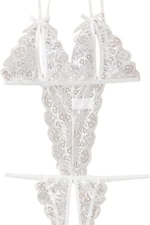 Women's Bow Tie Deep V Teddy Mesh Sexy Lingerie Valentine Pajamas