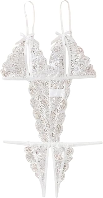 Women's Bow Tie Deep V Teddy Mesh Sexy Lingerie Valentine Pajamas