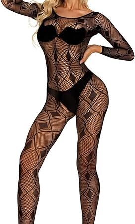 Womens Fishnet Bodystocking Attached Stockings Sexy Mesh Full Body Stockings One Piece Babydoll Nightwear Lingerie