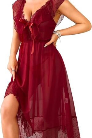 Women Sexy 2 Piece lingerie set, Bow Polka Dots Lace Sheer Mesh Long Nightgowns, Deep V Backless Ruffle Dress Exotic