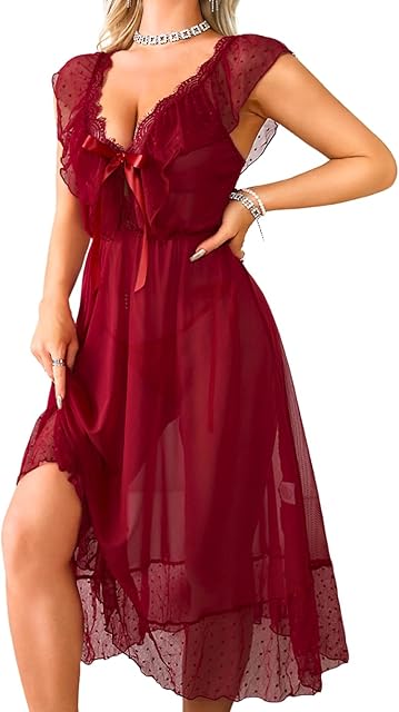 Women Sexy 2 Piece lingerie set, Bow Polka Dots Lace Sheer Mesh Long Nightgowns, Deep V Backless Ruffle Dress Exotic
