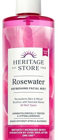 HERITAGE STORE Rosewater - Refreshing Facial Mist for Glowing Skin with Damask Rose, All Skin Types - Rose Water Spray for Face, Made Without Dyes or Alcohol, Hypoallergenic, Vegan, Cruelty Free, 12oz