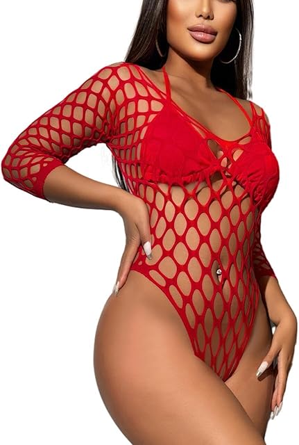 Bodysuit Top for Women Stretch Sexy Long Sleeve Mesh Body Suit One Piece Fishnet Teddy Lingerie