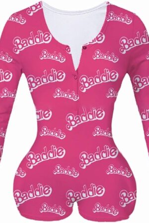 Wome Deep V Neck Funny Print Jumpsuit Rompers Button Down Pajamas Stretch Short Bodysuits Shorts