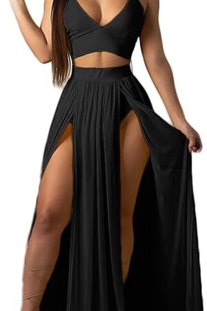 Women Sexy 2 Piece Outfits Dress Chiffon Strap Deep V Neck Bra Crop Top High Split Maxi Dresses Skirt Set