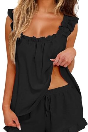 Womens Pajamas Set 2 Piece Ruffle Pj Soft Cute Tank Top and Shorts Sleepwear Set Bridal Pajama Summer Loungewear Set