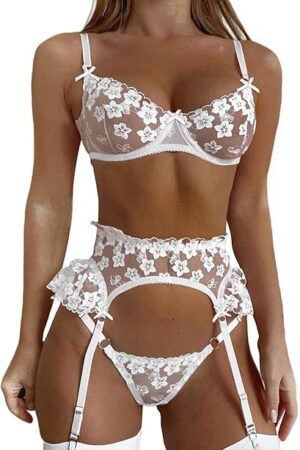 Bridal Lingerie,Floral Lace Ruffle Garter Lingerie Set,3 Piece Bachelorette Outfit For Bride Wedding Night Honeymoon