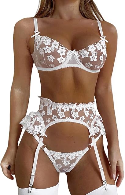 Bridal Lingerie,Floral Lace Ruffle Garter Lingerie Set,3 Piece Bachelorette Outfit For Bride Wedding Night Honeymoon