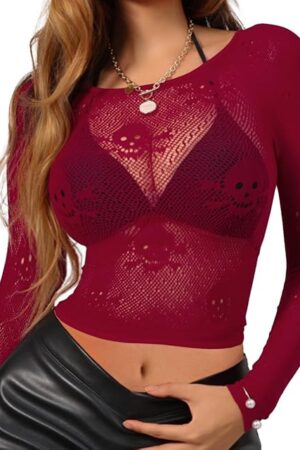 Women Sexy Crop Top Fishnet Lingerie Skull Cosplay Tee Shirt Blouse Exotic Beach Cover Up