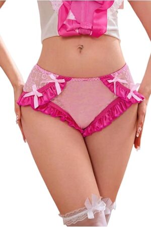 Women Sexy Contrast Lace Bowknot Panties Lettuce Trim Mid Rise Briefs Underwear