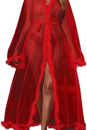 Women's Feather Lingerie Robe Faux Fur Trim Sexy Long Sheer Kimono Bathrobe Bridal Wedding Day Nightgown