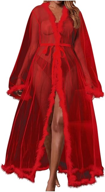 Women's Feather Lingerie Robe Faux Fur Trim Sexy Long Sheer Kimono Bathrobe Bridal Wedding Day Nightgown