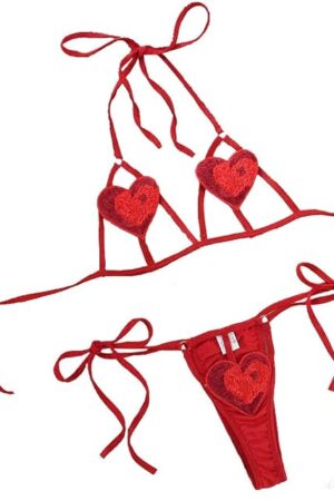 Women Sexy Valentines Day Lingerie Set Red Christmas Santa Cosplay Naughty Outfits Heart Bra and Underwear Micro Bikini
