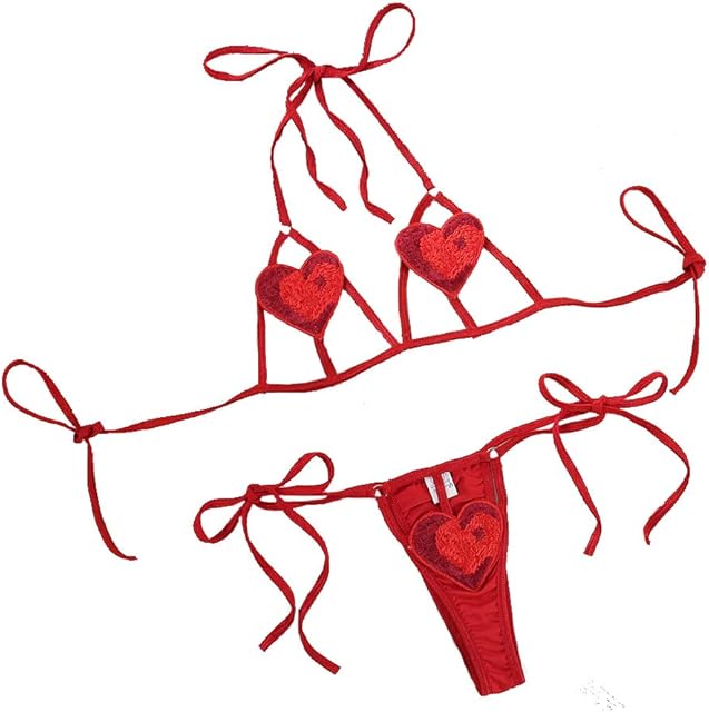 Women Sexy Valentines Day Lingerie Set Red Christmas Santa Cosplay Naughty Outfits Heart Bra and Underwear Micro Bikini