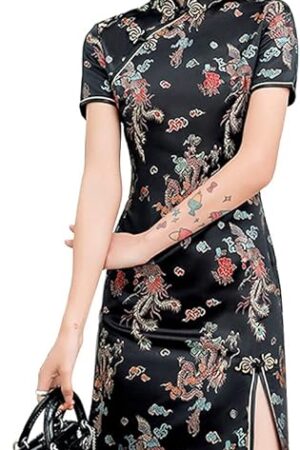Women's Cheongsam Costume Short Sleeve Side Slit Floral Print Mandarin Collar Evening Bodycon Cocktail Dress