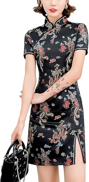 Women's Cheongsam Costume Short Sleeve Side Slit Floral Print Mandarin Collar Evening Bodycon Cocktail Dress