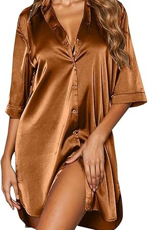 Women's Satin Nightgown Button Down Sleepshirt Silk 3/4 Sleeve Silk Night Shirts Sexy Lingerie Robe Pajamas Dress